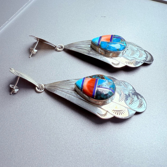 Native American Pete Sanchez Multi Gemstone Inlay Sterling Silver 3" Earrings - Picture 7 of 8